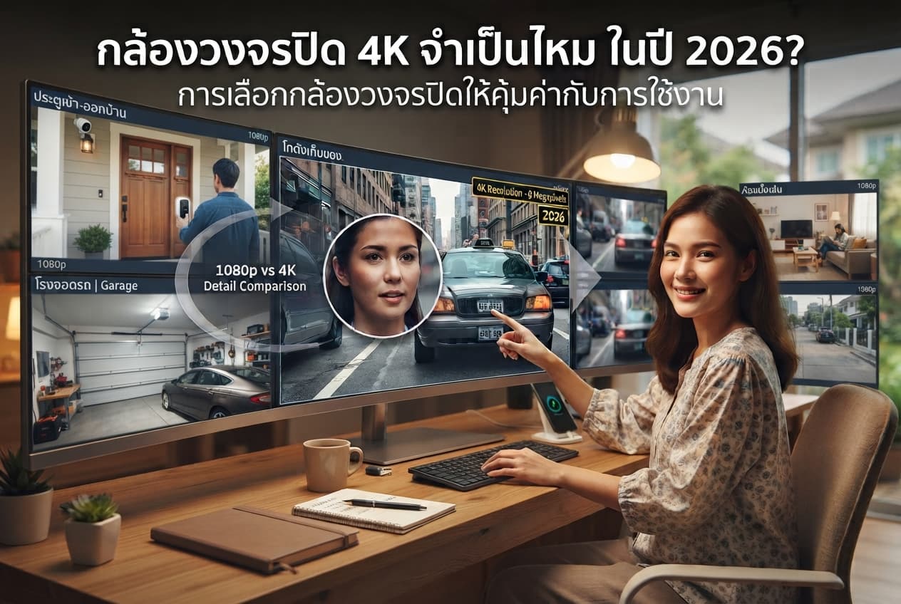 กล้องวงจรปิดรุ่นใหม่ติดตั้งในสำนักงานไทย พร้อมข้อความใหญ่ 'กล้อง 4K จำเป็นไหม สำหรับธุรกิจไทย 2026?' บนพื้นหลังแสงธรรมชาติ สะท้อนการตัดสินใจเลือกความละเอียดกล้องที่เหมาะสมกับพื้นที่จริง