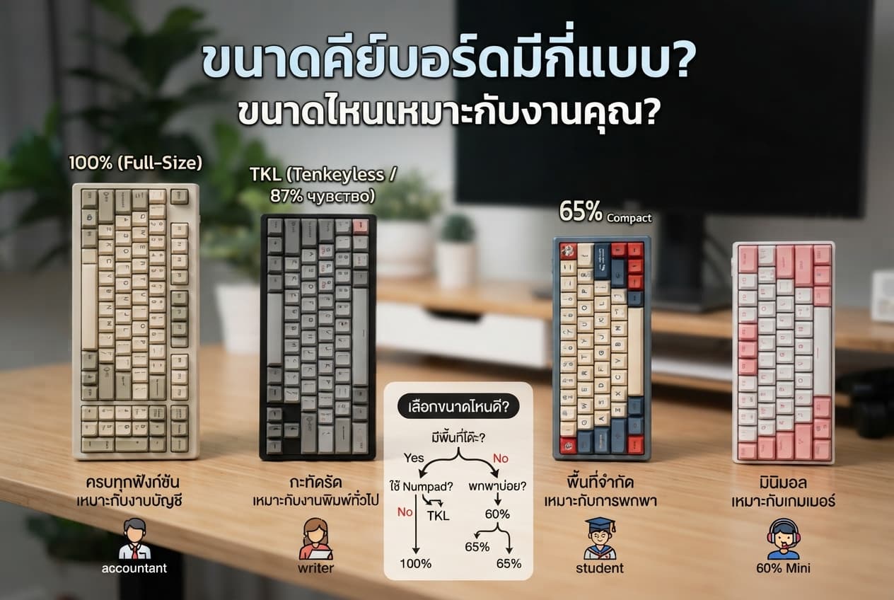 คีย์บอร์ด 3 ขนาดวางเรียงกันบนโต๊ะไม้ แสงนุ่มจากหน้าต่างตอนบ่าย