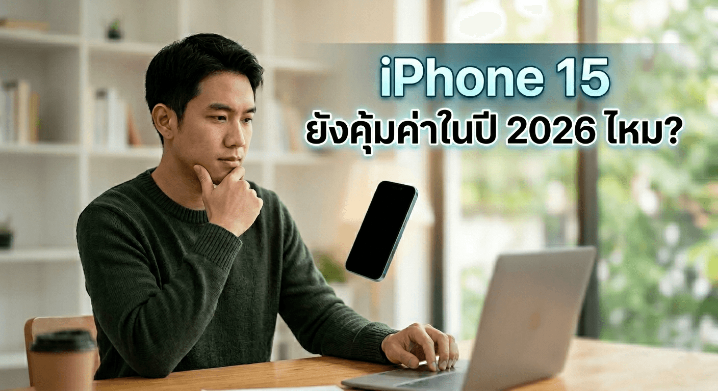 iPhone 15 วางเฉียงบนโต๊ะไม้ในแสงธรรมชาติ กับข้อความหัวเรื่องภาษาไทยเด่นชัด