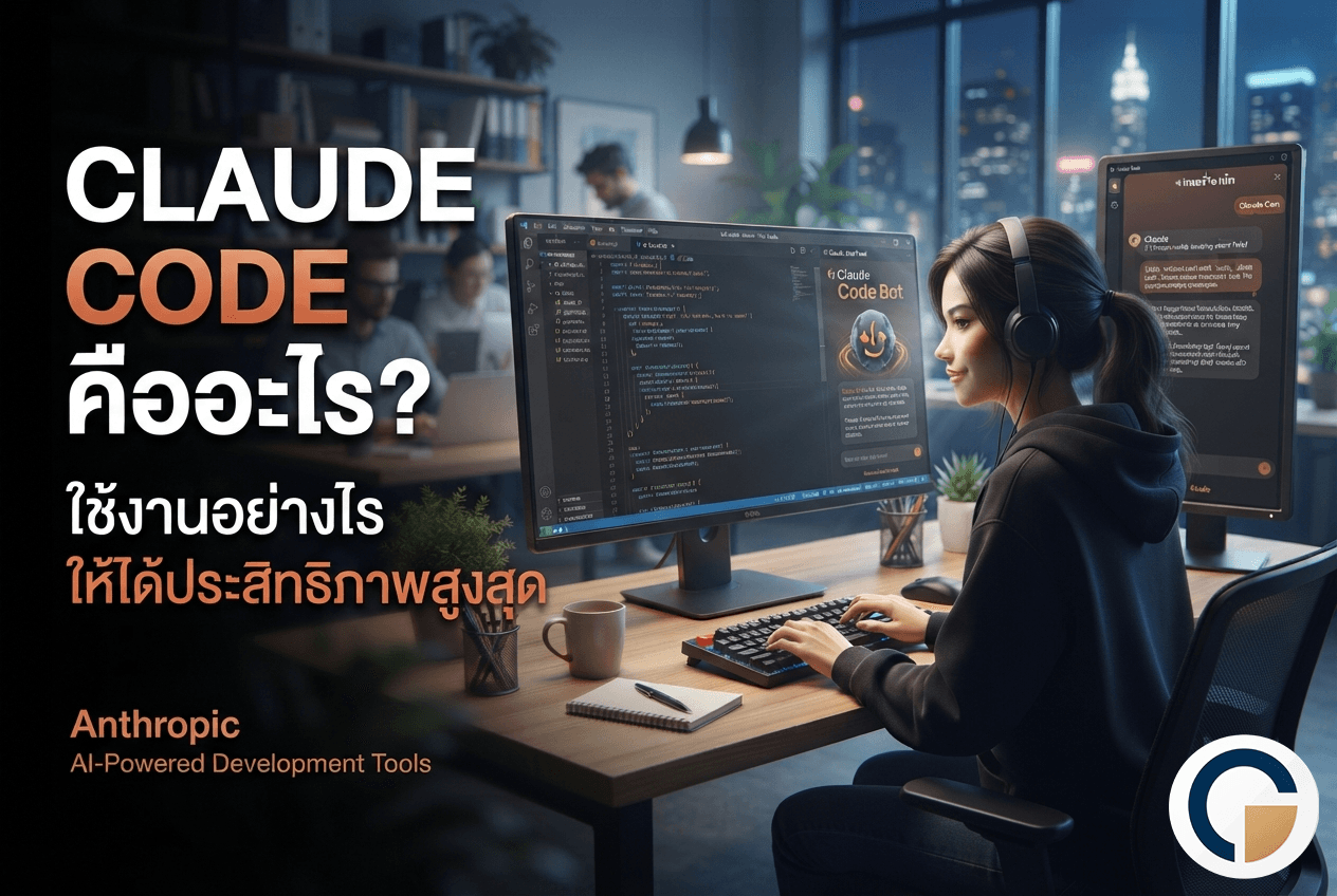 ภาพปกบทความ: ตัวอักษรไทยชัดเจน 'Claude Code คืออะไร และใช้งานอย่างไรให้ได้ผลสูงสุด' วางไว้ด้านล่างซ้ายกลาง พร้อมกราฟิกเชิงนามธรรมของโค้ดที่กำลังถูกสร้างขึ้นแบบเรียลไทม์ ลอยอยู่ด้านขวาบน พื้นหลังขาวอ่อน แสงธรรมชาติอ่อนโยน บรรยากาศโปร่งโล่ง เรียบง่าย ท