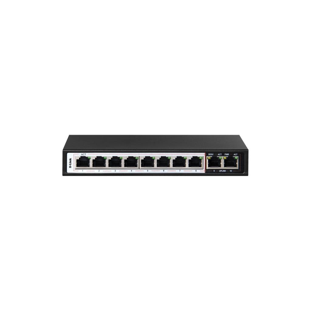 D-Link DES-F1010P-E 10-Port Unmanaged PoE Switch (8x10/100Mbps PoE+ 2x10/100/1000Mbps Uplink) - 120W PoE Budget - 1