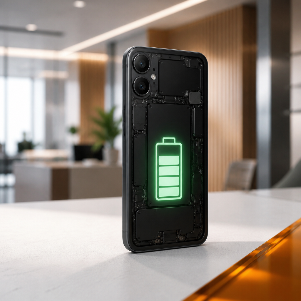 iPhone 15 กับแบตเตอรี่ใหม่ วางบนพื้นผิวขาว โทนอบอุ่นดูประหยัด