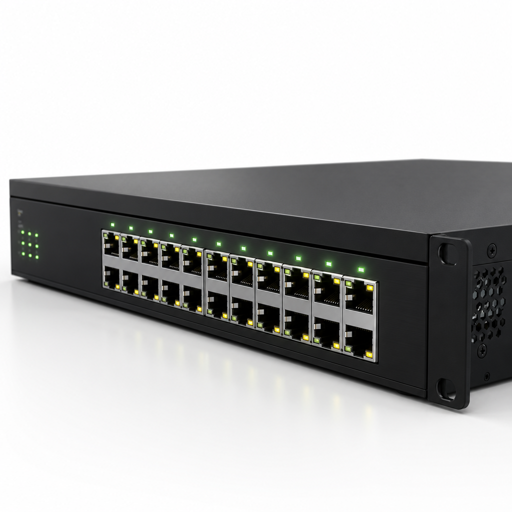 ภาพสวิตช์ ZYXEL GS1900-16_P พร้อมไฟ LED และพอร์ต PoE