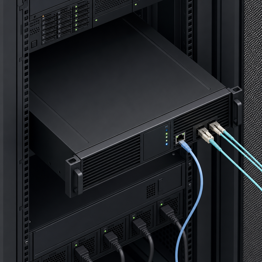 Rack-mounted UPS unit installed in a server rack with network cables and management port visible