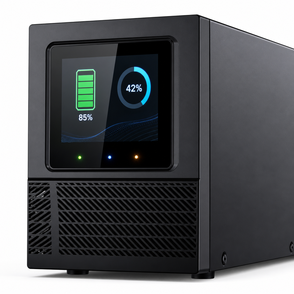 Close-up of a modern Line-Interactive UPS with LCD display showing battery level and load percentage