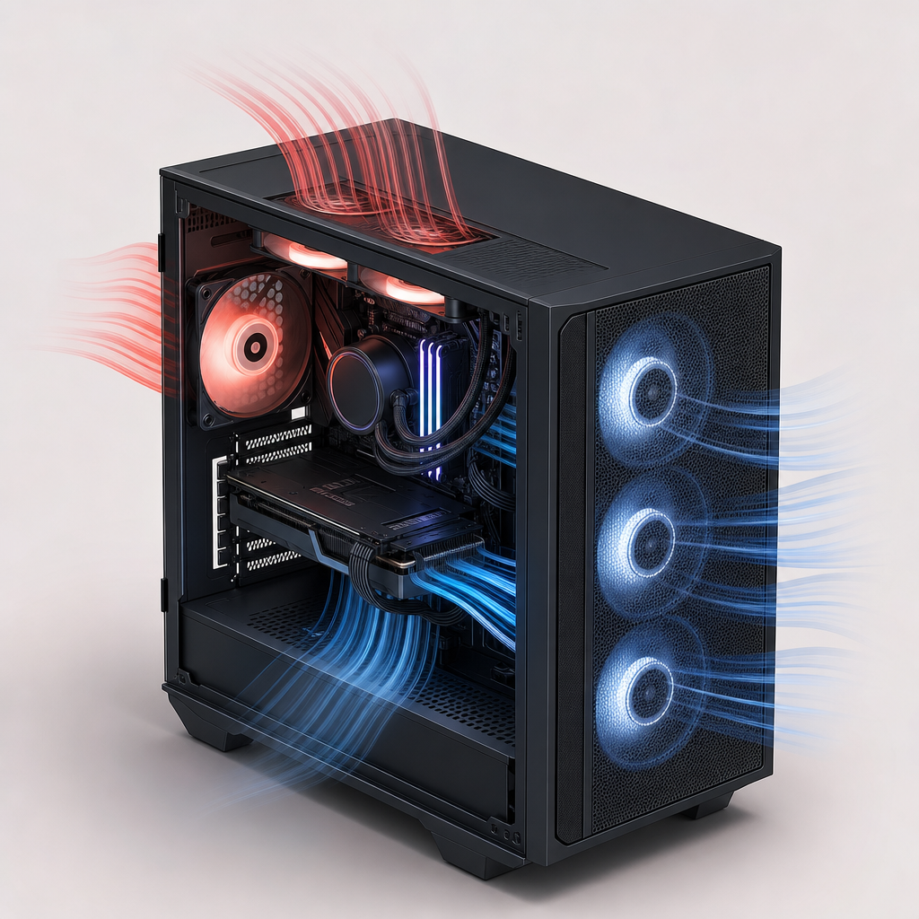 ภาพเคส CORSAIR AIR 5400 LX-R LINK พร้อมพัดลมด้านหน้าและด้านบน