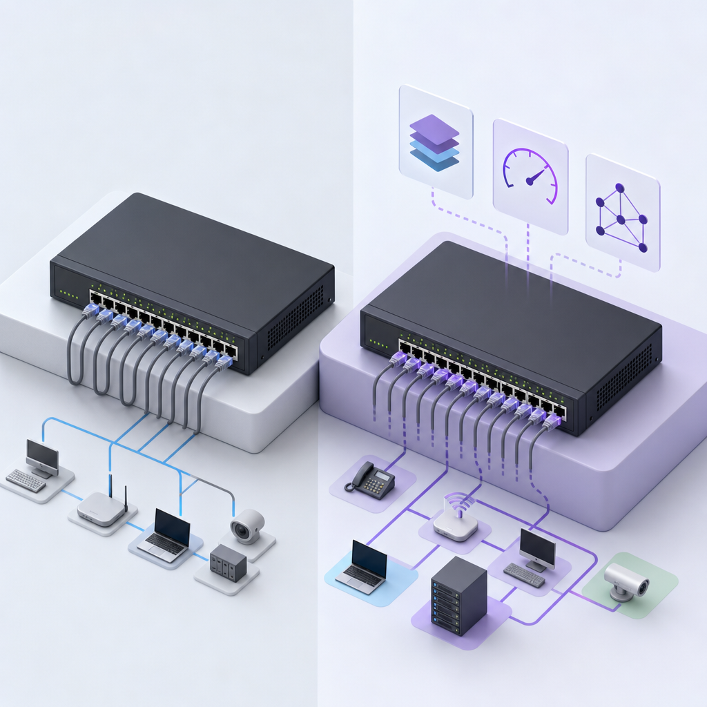 ภาพเปรียบเทียบ managed และ unmanaged switch พร้อมสัญลักษณ์ PoE และ VLAN