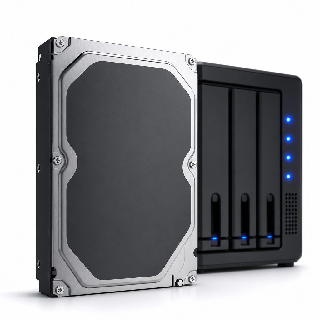 Close-up of a modern 3.5-inch NAS hard drive with label 'NAS HDD' and status LEDs