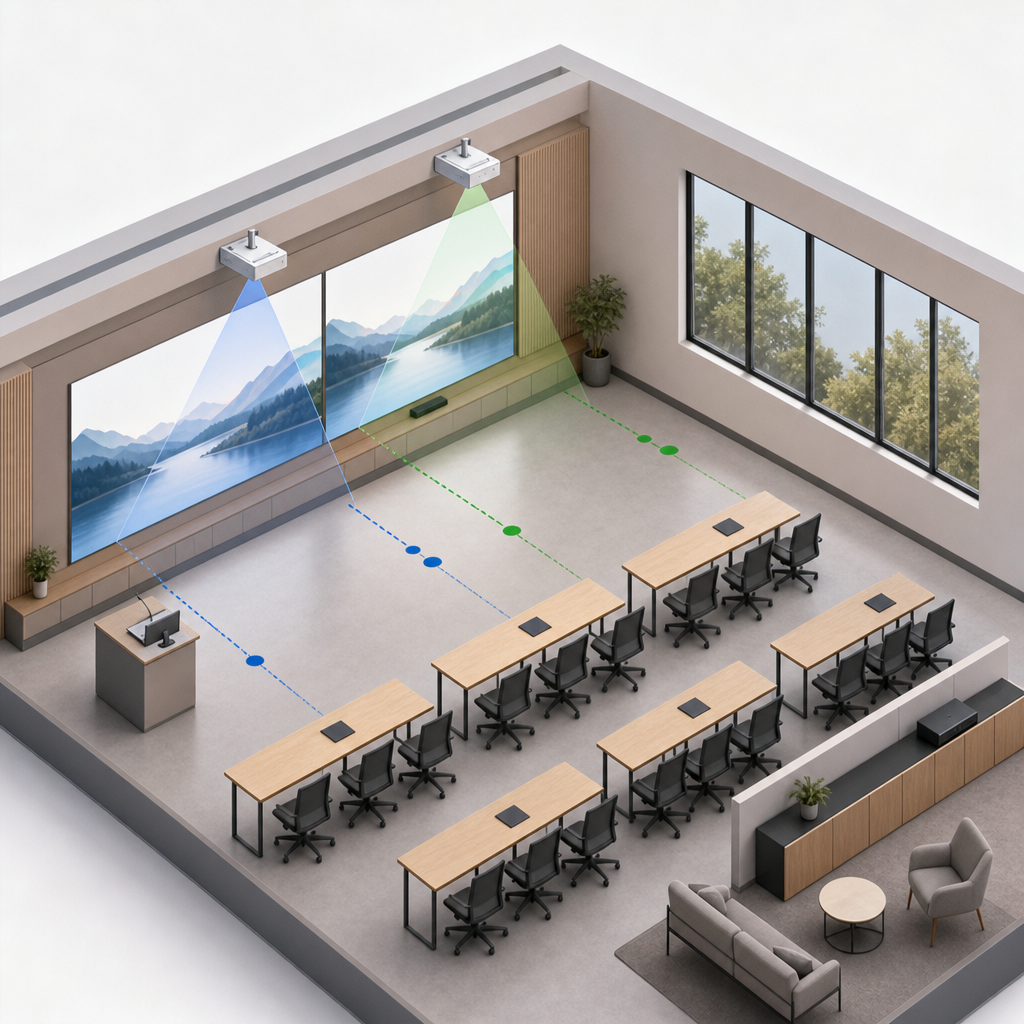 ภาพเปรียบเทียบ Throw Ratio ของโปรเจกเตอร์ในห้องเรียนขนาดต่างกัน