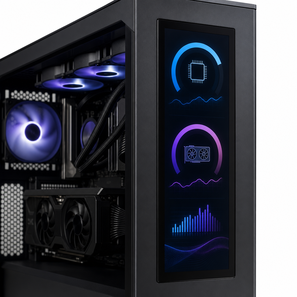 ภาพเคส CORSAIR FRAME 4000D LCD พร้อมหน้าจอแสดงข้อมูลระบบแบบเรียลไทม์